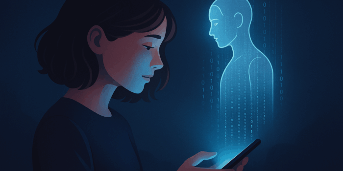 Ilustração de uma jovem olhando para o celular, do qual surge a projeção luminosa de uma figura humana feita de códigos binários, representando uma interação digital ou conexão virtual com uma inteligência artificial.