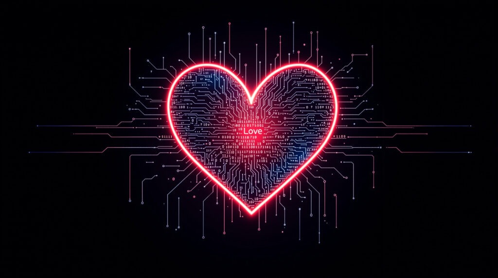 Ilustração de um coração luminoso em neon rosa, formado por circuitos eletrônicos e códigos binários, com a palavra 'LOVE' destacada no centro.