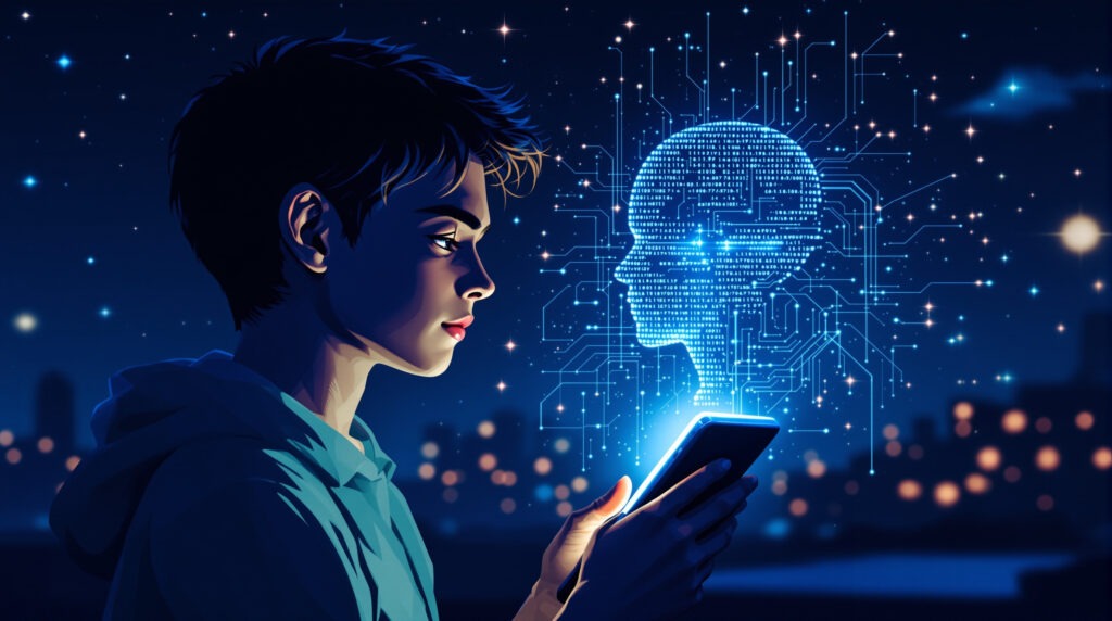 Ilustração futurista de um jovem segurando um celular à noite, olhando para um holograma em forma de rosto humano feito de circuitos e códigos binários que se projeta a partir do aparelho.